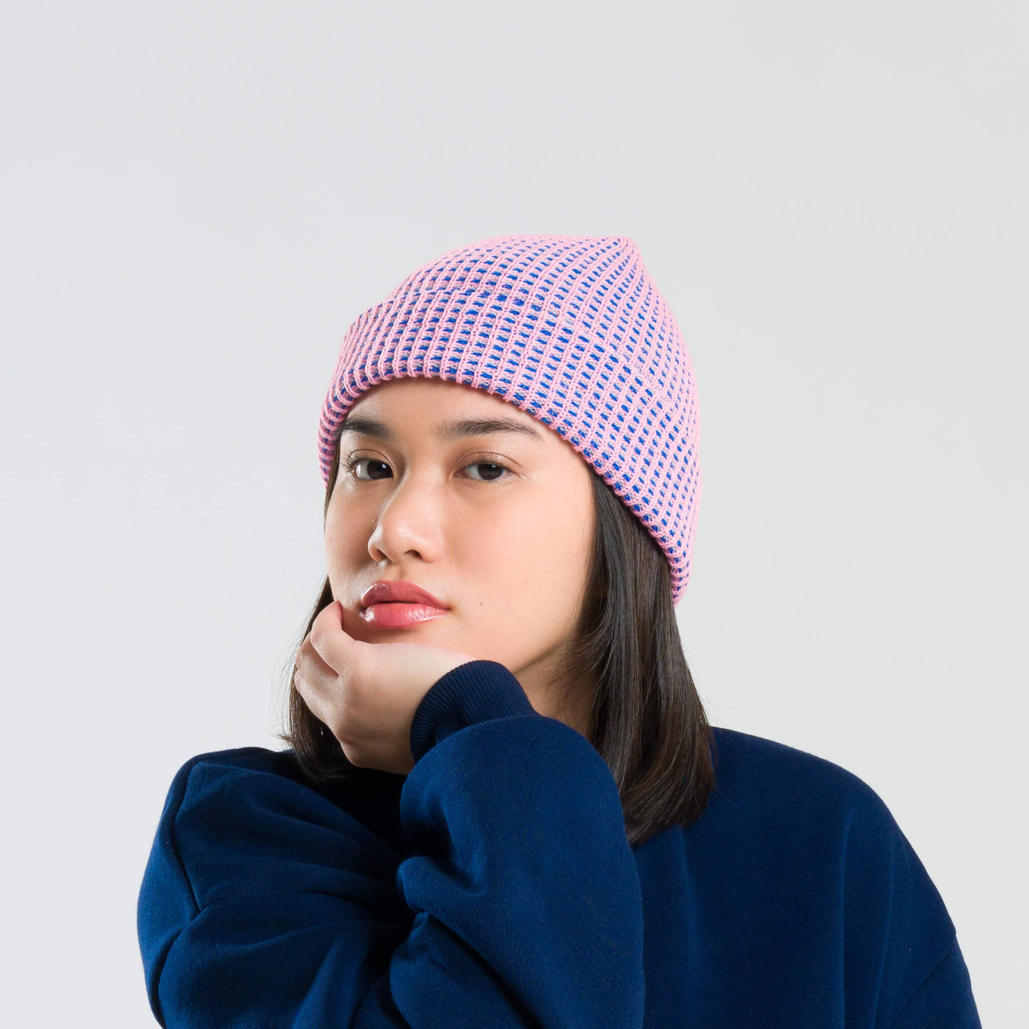 Simple Grid Knit Beanie: Lime Pink