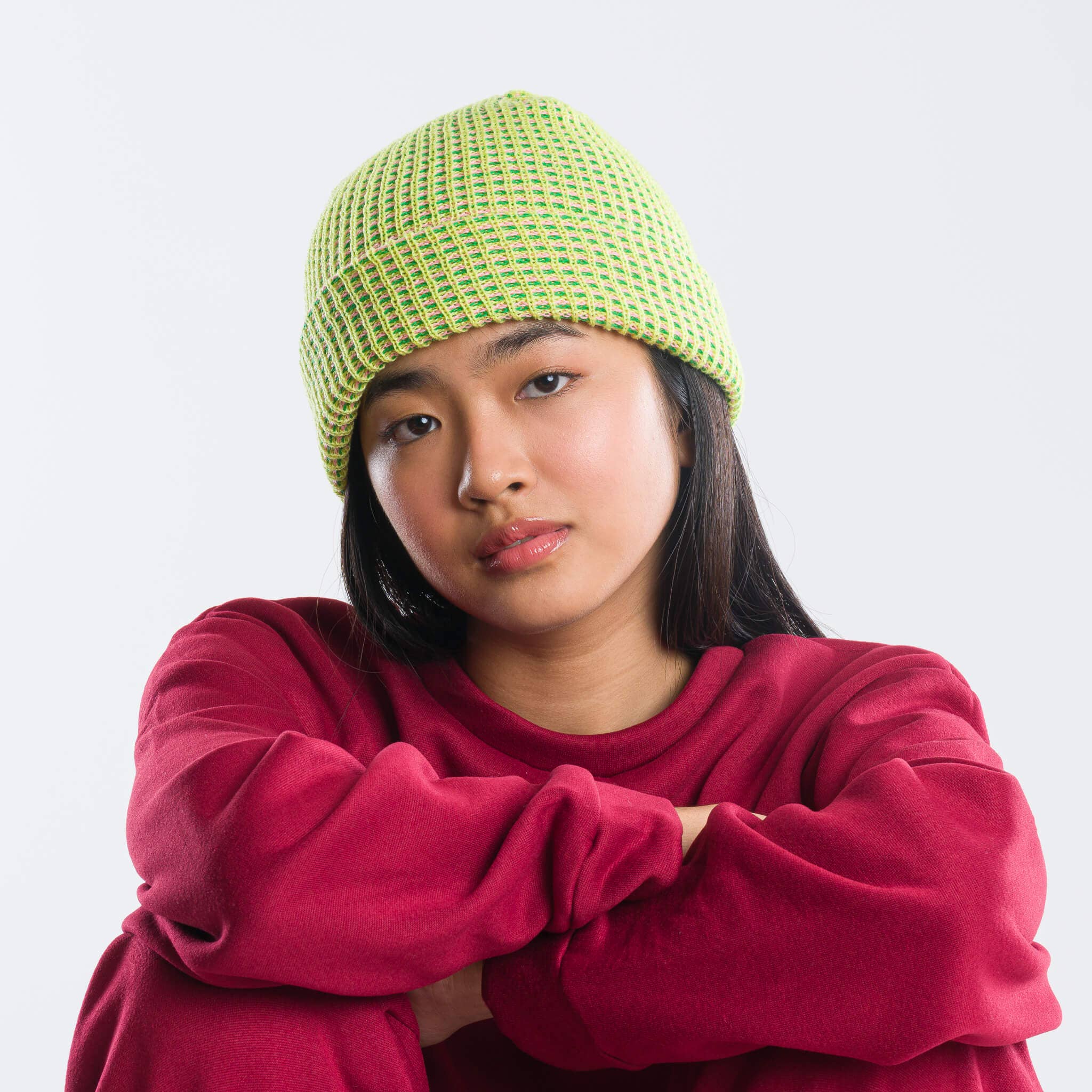 Simple Grid Knit Beanie: Lime Pink