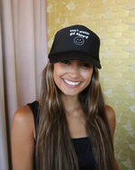 Don't Worry Be Happy Black Smiley Trucker Hat - Blac