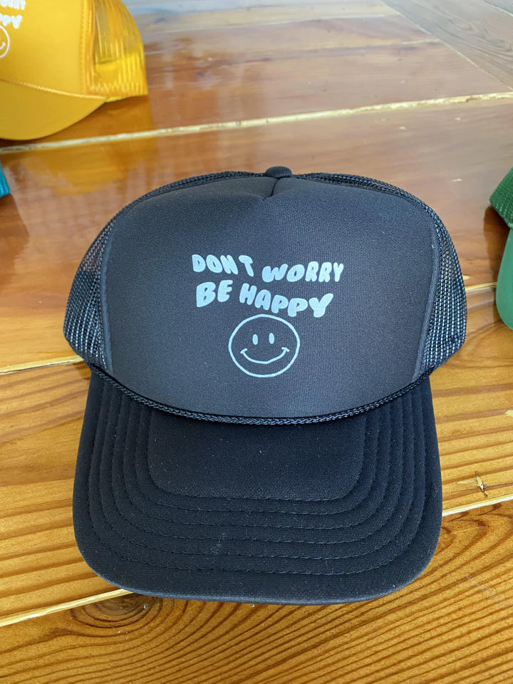 Don't Worry Be Happy Black Smiley Trucker Hat - Black