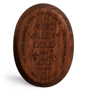 Valley of Gold: Cherry Wood case, Brass inlay case, 3" by 2.3", made in USA Solid Cologne Misc. Goods Co.